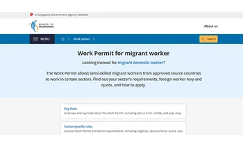 Thông tin về giấy phép lao động cho người lao động di cư trên website của Bộ Nhân lực Singapore. (Ảnh:mom.gov.sg/)