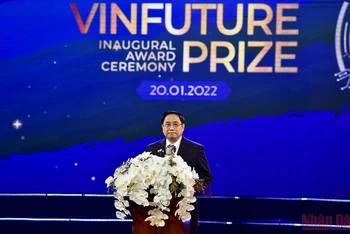 Thủ tướng Phạm Minh Chính phát biểu tại lễ trao giải VinFuture. (Ảnh: Trần Hải)
