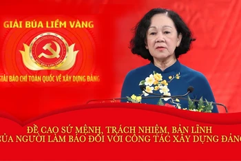 Đồng chí Trương Thị Mai, Ủy viên Bộ Chính trị, Trưởng ban Tổ chức Trung ương, Trưởng Ban Chỉ đạo Giải Búa liềm vàng phát biểu tại buổi lễ. (Nguồn: VOV)