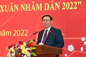 Chủ tịch Quốc hội Vương Đình Huệ phát biểu chúc Tết nhân dịp Xuân Nhâm Dần 2022. (Ảnh: Duy Linh)