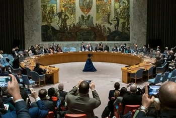 Hội đồng Bảo an Liên hợp quốc bỏ phiếu về dự thảo nghị quyết về Ukraine, ngày 25/2/2022. (Ảnh: Liên hợp quốc)