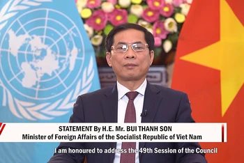 Bộ trưởng Ngoại giao Bùi Thanh Sơn tại phiên họp cấp cao Khóa họp lần thứ 49 Hội đồng Nhân quyền Liên hợp quốc. (Ảnh: Bộ Ngoại giao)