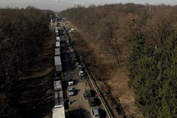 Đoàn xe ô-tô của người di tản Ukraine nối đuôi nhau ở Mostyska, Ukraine, gần biên giới với Ba Lan, ngày 26/2/2022. (Ảnh: REUTERS)