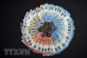 Đồng tiền giấy và tiền xu euro. (Ảnh: AFP/TTXVN)