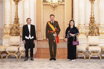 Đại sứ Nguyễn Văn Thảo và phu nhân cùng Đại Công tước Henri của Đại Công quốc Luxembourg. (Ảnh: TTXVN phát)