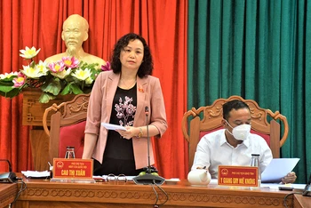 Phó Chủ tịch Hội đồng Dân tộc của Quốc hội Cao Thị Xuân phát biểu tại buổi làm việc. 