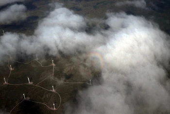 Một trang trại điện gió được nhìn thấy từ một máy bay nghiên cứu khí quyển đang di chuyển từ miền bắc Thụy Điển đến biển Na Uy ngày 30/7/2019. (Ảnh: Reuters)