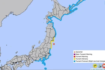 Vị trí xảy ra động đất (dấu X màu đỏ). Ảnh: Cơ quan Khí tượng Nhật Bản