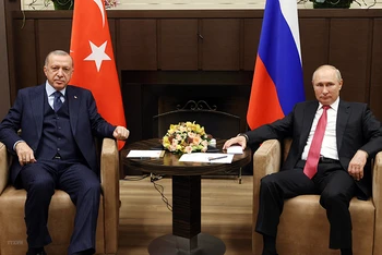 Tổng thống Nga Vladimir Putin (phải) và Tổng thống Thổ Nhĩ Kỳ Recep Tayyip Erdogan (trái) tại cuộc gặp ở Sochi, Nga, ngày 29/9/2021. (Ảnh: AFP/TTXVN)