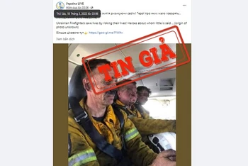 Ảnh chụp màn hình một bài đăng trên Facebook chú thích sai về bức ảnh 3 người lính cứu hỏa. 