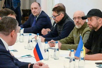 Phái đoàn Nga và Ukraine tại vòng đàm phán tổ chức ở Belarus vào ngày 28/2/2022. (Ảnh: Reuters)