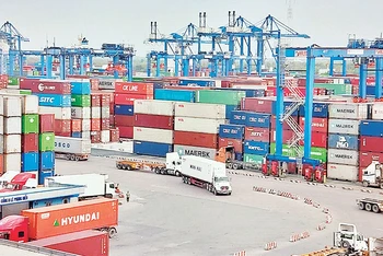 Việc thu phí cảng biển tự động không dùng tiền mặt sẽ không gây ách tắc hàng hóa tại các cảng biển trên địa bàn thành phố Hồ Chí Minh. Trong ảnh: Vận chuyển hàng hóa tại Cảng Cát Lái, thành phố Thủ Ðức. 