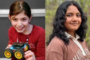 Hai nữ sinh chiến thắng cuộc thi Lunabotics Junior là Lucia Grisanti, đại diện cho khối lớp 5 và Shriya Sawant đại diện cho học sinh từ lớp 6-12. Ảnh: Future Engineers.