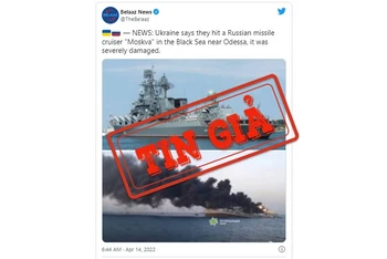 Một người dùng Twitter chia sẻ bức ảnh tàu hải quân Iran bốc cháy nhưng lại chú thích thành soái hạm Moskva của Nga. 
