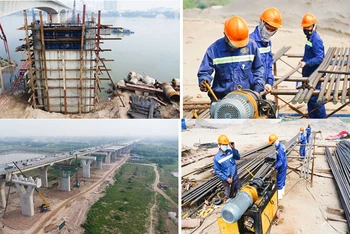 Liên danh nhà thầu Vinaconex-Trung Chính huy động nhiều phương tiện, nhân lực triển khai thi công gói thầu số 1 cầu vượt sông Hồng, trị giá 1.083 tỷ đồng.