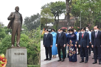 Các đồng chí lãnh đạo thành phố Hà Nội dâng hoa tại Tượng đài V.I.Lenin. (Ảnh: Duy Linh)