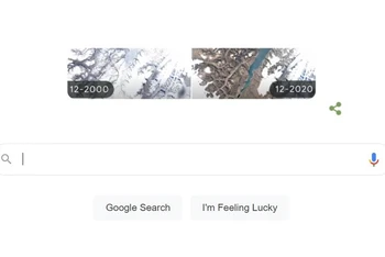 Google Doodle cho thấy tình trạng thu hẹp diện tích sông băng ở khu vực Sermersooq, Greenland. (Ảnh chụp màn hình)