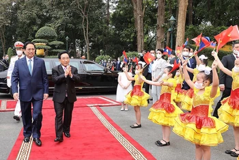 Thủ tướng Phạm Minh Chính đón Thủ tướng Lào Phankham Viphavanh thăm chính thức Việt Nam, tháng 1/2022. (Ảnh: TRẦN HẢI)