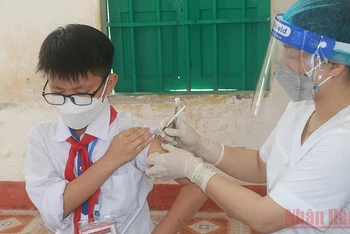 Triển khai tiêm vaccine cho học sinh khối lớp 6 tại Trường THCS thị trấn Yên Định, huyện Hải Hậu (Nam Định).