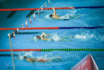 Đội tuyển bơi lội Việt Nam đang tập huấn tại Cung Thể thao dưới nước Mỹ Đình (Hà Nội) sau khi trở về từ chuyến tập huấn kéo dài tại Hungary. (Ảnh: TTXVN)