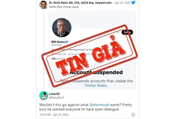 Ảnh chụp màn hình một bài đăng trên mạng xã hội Twitter đưa tin không chính xác rằng tài khoản Twitter của tỷ phú Bill Gates đã bị đình chỉ.