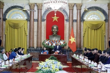 Chủ tịch nước Nguyễn Xuân Phúc phát biểu tại buổi tiếp. (Ảnh: Thống Nhất/TTXVN)