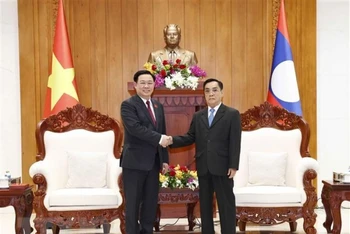 Chủ tịch Quốc hội Vương Đình Huệ gặp ông Thongsing Thammavong, nguyên Thủ tướng, nguyên Chủ tịch Quốc hội Lào. (Ảnh: Doãn Tấn/TTXVN)