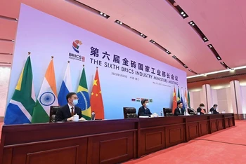 Hội nghị Bộ trưởng Công nghiệp BRICS tại điểm cầu thành phố Hạ Môn, tỉnh Phúc Kiến. (Ảnh: Tân Hoa xã)