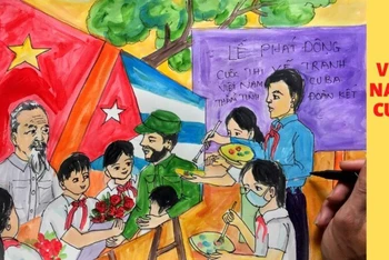 Bức tranh về tình hữu nghị Việt Nam-Cuba của các em thiếu nhi tham gia triển lãm. (Ảnh: BTC cung cấp)