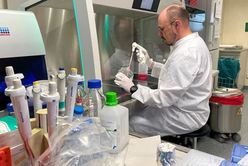 Người đứng đầu Viện Vi trùng học của Các lực lượng vũ trang Đức Roman Woelfel làm việc trong phòng thí nghiệm tại TP Munich, ngày 20/5, sau khi nước này phát hiện ca đậu mùa khỉ đầu tiên. (Ảnh: Reuters)