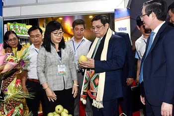 Thủ tướng Phạm Minh Chính tham quan các gian hàng tại triển lãm trái cây, sản phẩm nông nghiệp và sản phẩm OCOP. 