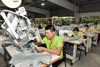 Sản xuất các mặt hàng xuất khẩu tại Công ty cổ phần Sản xuất hàng thể thao MXP, tỉnh Thái Bình. (Ảnh THU HÀ)