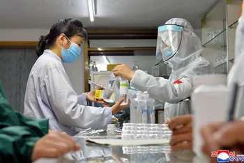 Lực lượng quân y Triều Tiên tham gia phân phát thuốc tại một hiệu thuốc ở Bình Nhưỡng, ngày 22/5. (Ảnh: KCNA)