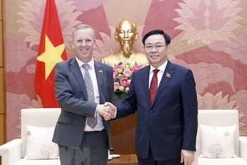 Chủ tịch Quốc hội Vương Đình Huệ và Đại sứ Vương quốc Anh tại Việt Nam Gareth Ward tại buổi tiếp. (Ảnh: TTXVN)