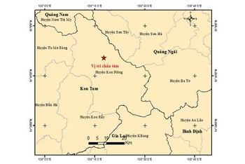 Bản đồ tâm chấn trận động đất thứ nhất, xảy ra tại huyện Kon Plông, tỉnh Kon Tum sáng ngày 1/6/2022. (Ảnh: Viện Vật lý địa cầu)