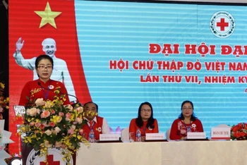 Chủ tịch Hội Chữ thập đỏ tỉnh Đồng Nai Đỗ Thị Phước Thiện phát biểu khai mạc Đại hội.