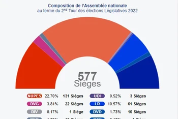 Biểu đồ số ghế tại Quốc hội Pháp của các đảng phái: Số ghế của liên minh cầm quyền đã giảm từ 350 ghế có từ năm 2017 xuống còn 245 ghế. (Nguồn: BFMTV)