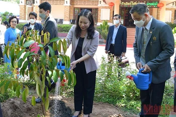 Phó Chủ tịch nước Võ Thị Ánh Xuân trồng cây tại Khu di tích Chủ tịch Hồ Chí Minh, tỉnh Udon Thani, Thái Lan. (Ảnh: Tuấn Anh)