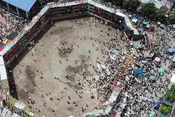 Khung cảnh hỗn loạn sau khi góc khán đài trường đấu bò El Espinal sụp đổ trong lúc sự kiện đấu bò tại địa phương đang diễn ra, khiến ít nhất 4 người thiệt mạng. (Ảnh: The Guardian)