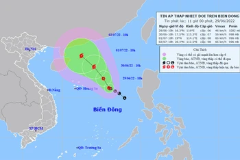 Vị trí và hướng di chuyển của áp thấp nhiệt đới lúc 11 giờ ngày 29/6. (Nguồn: nchmf.gov.vn)