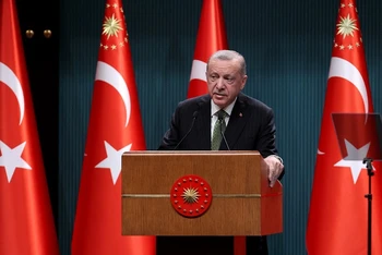 Tổng thống Thổ Nhĩ Kỳ Tayyip Erdogan phát biểu tại 1 cuộc họp báo ở Ankara. (Ảnh: AFP/TTXVN)