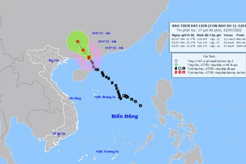 Vị trí và hướng di chuyển của bão số 1 lúc 16 giờ ngày 2/7. (Nguồn: nchmf.gov.vn)