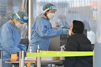 Nhân viên y tế lấy mẫu xét nghiệm Covid-19 cho người dân tại Seoul, Hàn Quốc. (Ảnh: AFP/TTXVN)