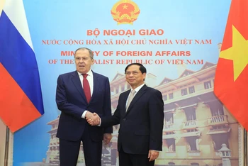 Bộ trưởng Ngoại giao Bùi Thanh Sơn chụp ảnh chung với Bộ trưởng Ngoại giao Nga Sergey Lavrov. (Ảnh: TTXVN)
