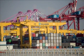 Container hàng hóa được xếp tại cảng Hanjin Incheon, Seoul, Hàn Quốc. (Ảnh tư liệu: AFP/TTXVN)