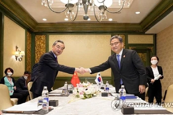 Bộ trưởng Ngoại giao Trung Quốc Vương Nghị (trái) hội đàm với người đồng cấp Hàn Quốc Park Jin. (Nguồn: Yonhap)