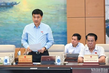 Chủ nhiệm Ủy ban Kinh tế Vũ Hồng Thanh báo cáo thẩm tra tình hình thực hiện Nghị quyết số 43/2022/QH15 của Quốc hội. (Ảnh: DUY LINH)