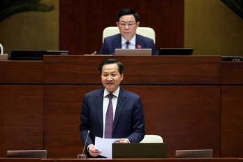 Phó Thủ tướng Chính phủ Lê Minh Khái trả lời chất vấn trước Quốc hội một số nội dung liên quan lĩnh vực kinh tế tổng hợp. (Ảnh: VGP)