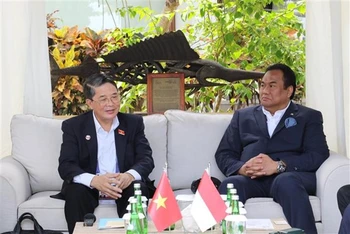 Phó Chủ tịch Quốc hội Nguyễn Đức Hải trao đổi với Phó Chủ tịch Quốc hội Indonesia Rachmad Gobel bên lề Cuộc gặp các nhà lãnh đạo ASEAN-AIPA tại Labuan Bajo (Indonesia), tháng 5/2023. (Ảnh: Đào Trang/TTXVN)
