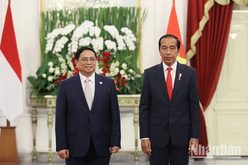 Thủ tướng Phạm Minh Chính hội kiến Tổng thống Indonesia Joko Widodo. (Ảnh: Dương Giang/TTXVN)